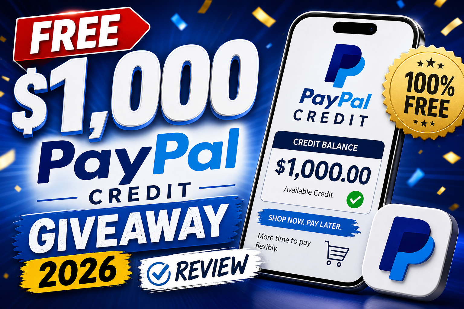 Graphic promoting a free $1,000 PayPal Credit giveaway for 2026 with a review banner.