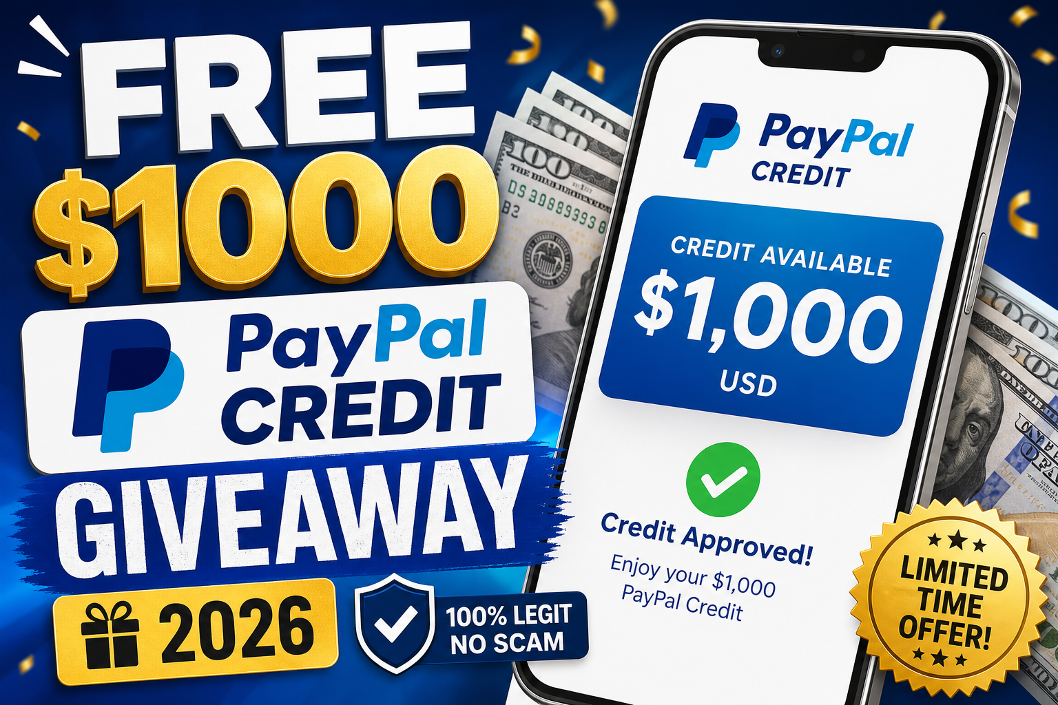 Graphic promoting a limited-time $1000 PayPal credit giveaway with bold claim of 100% legit, no scam.