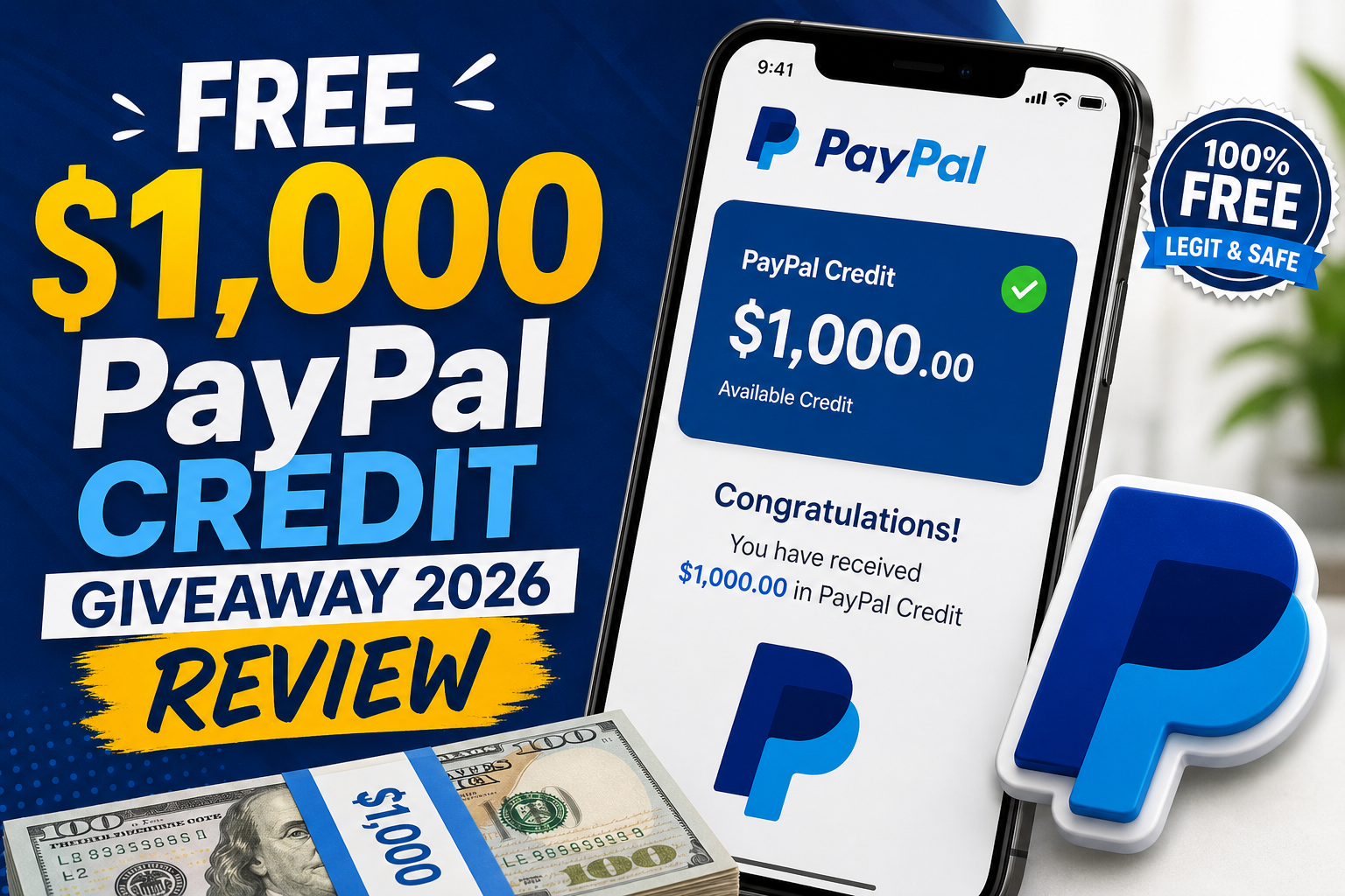 Graphic promoting a free $1,000 PayPal credit giveaway review for 2026, labeled legit and safe.