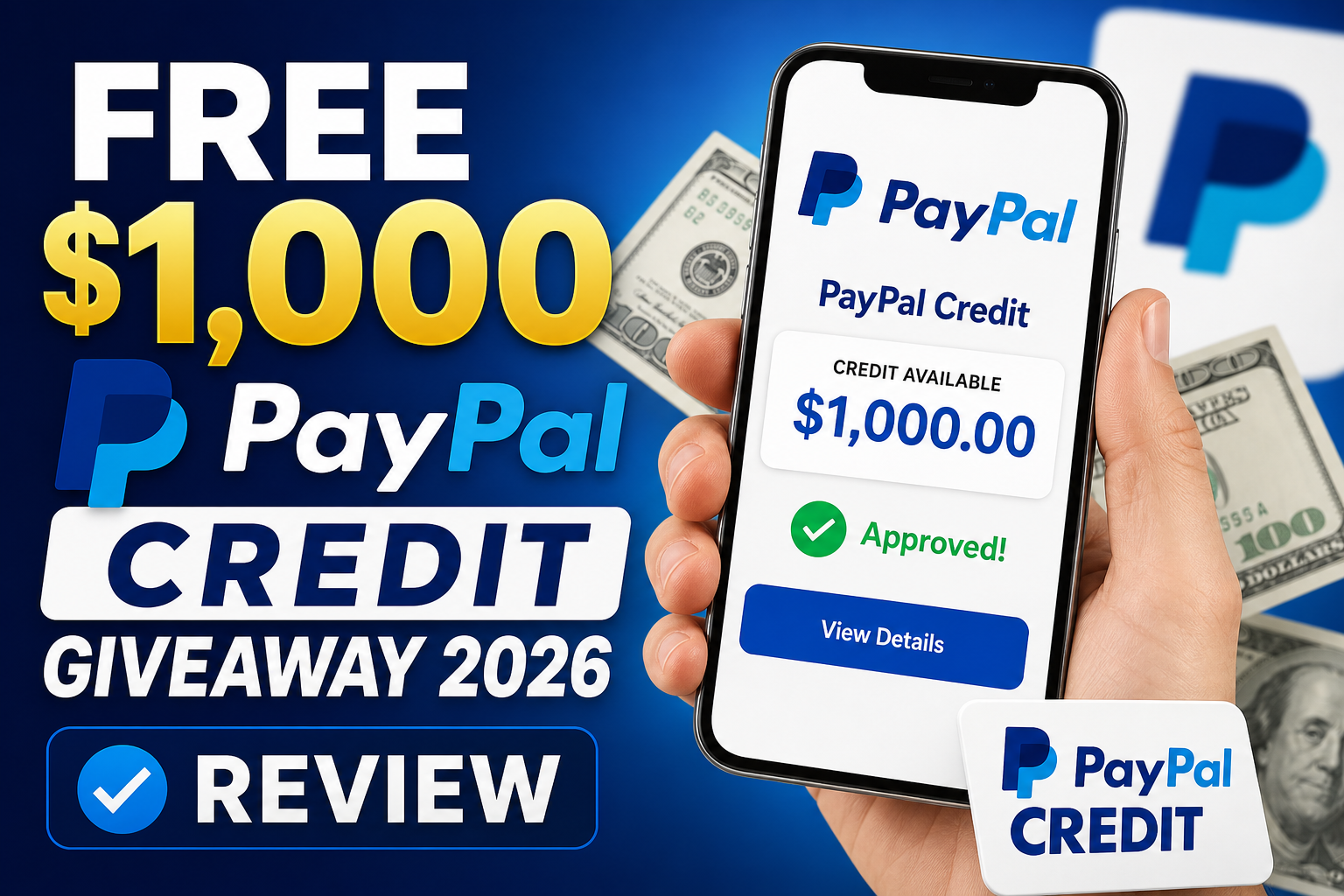 Graphic promoting a $1,000 PayPal Credit giveaway with approval and review details for 2026