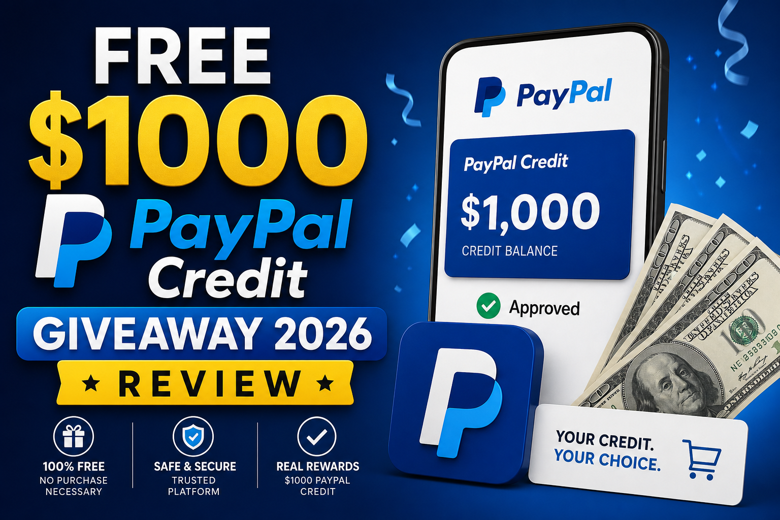 Free $1000 PayPal Credit giveaway graphic with secure, real rewards messaging
