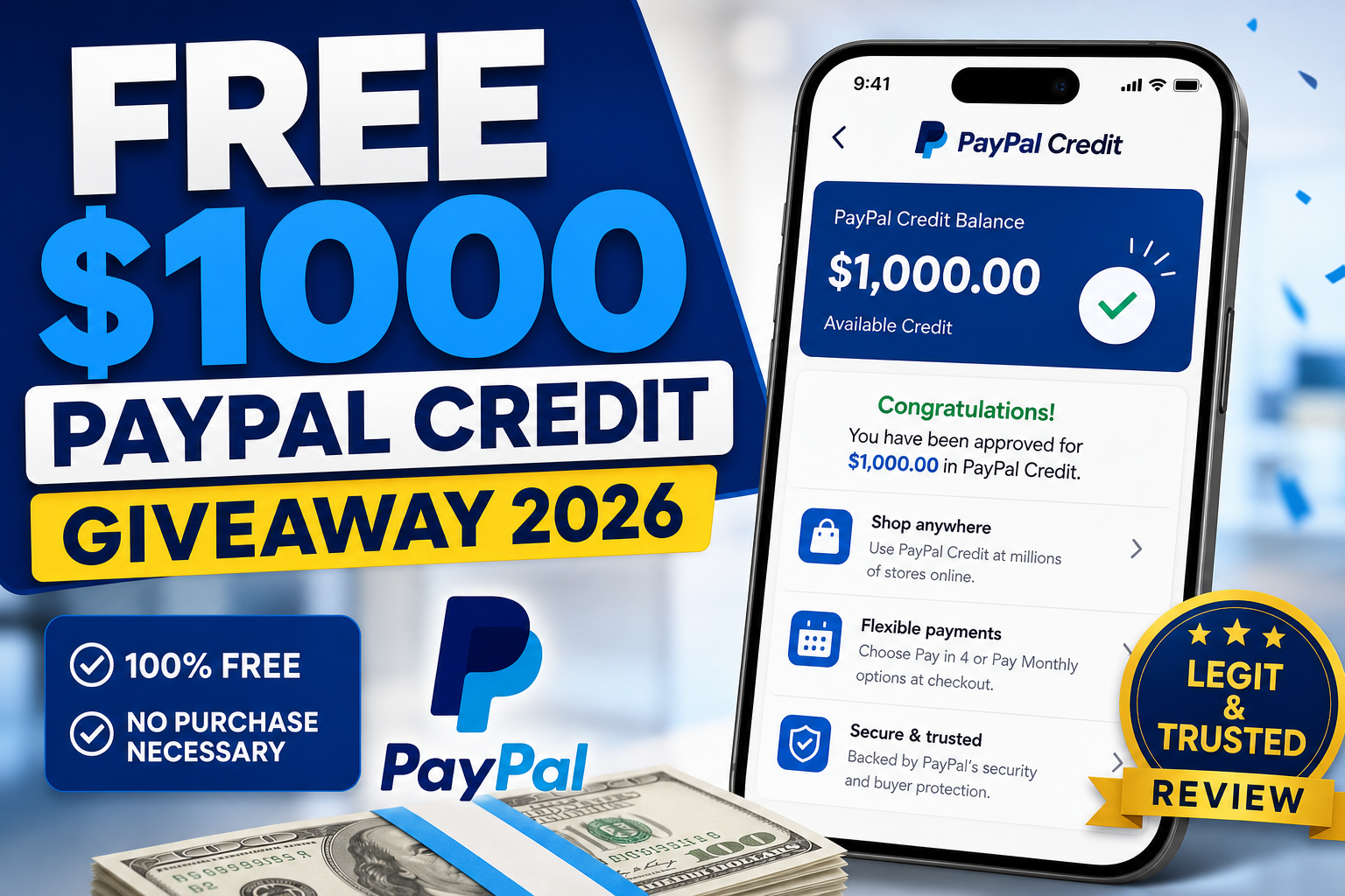 Promotional graphic for a free $1000 PayPal credit giveaway in 2026, with no purchase necessary and a review badge