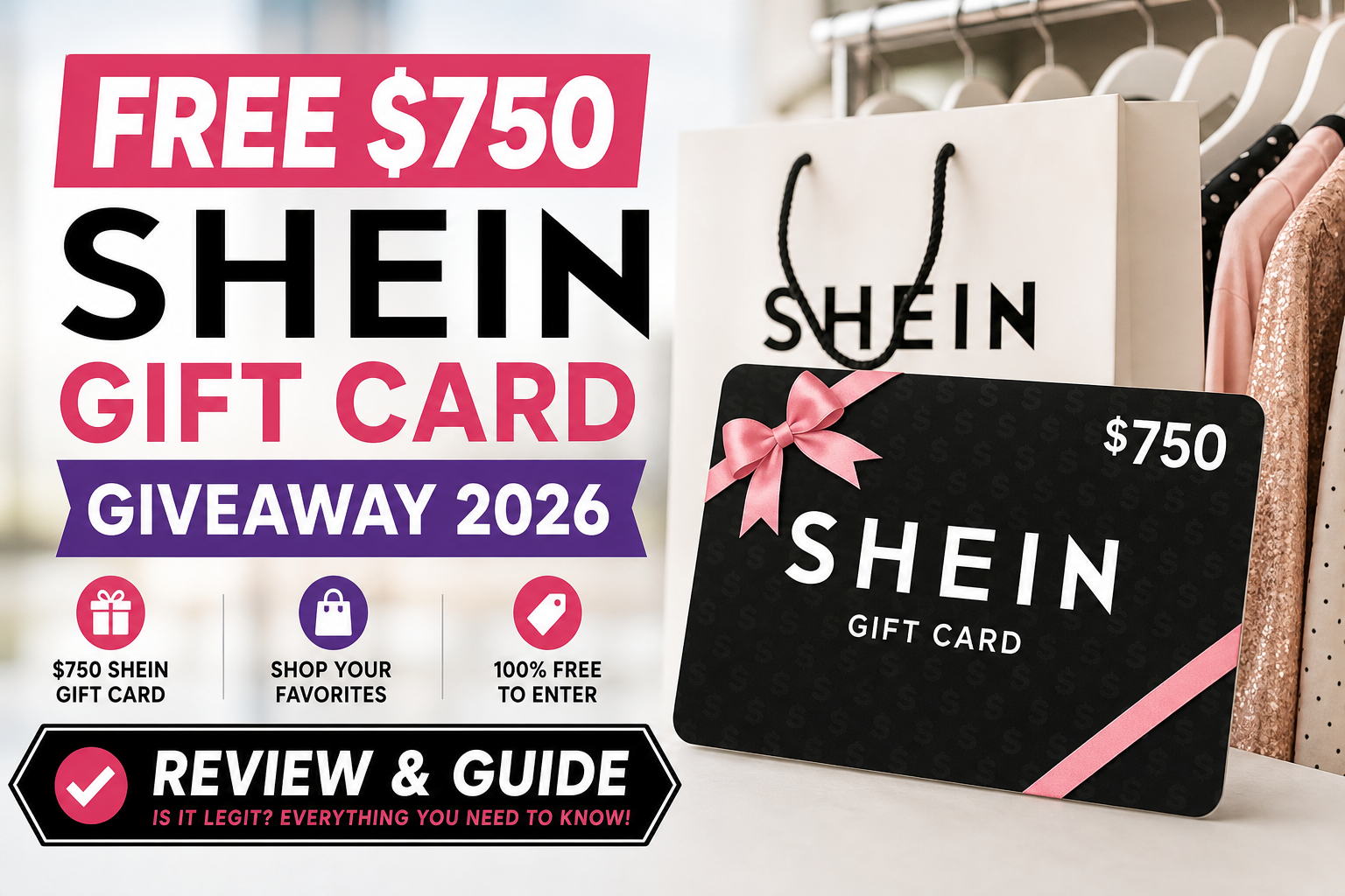 Promotional graphic about a free $750 SHEIN gift card giveaway with review and guide.