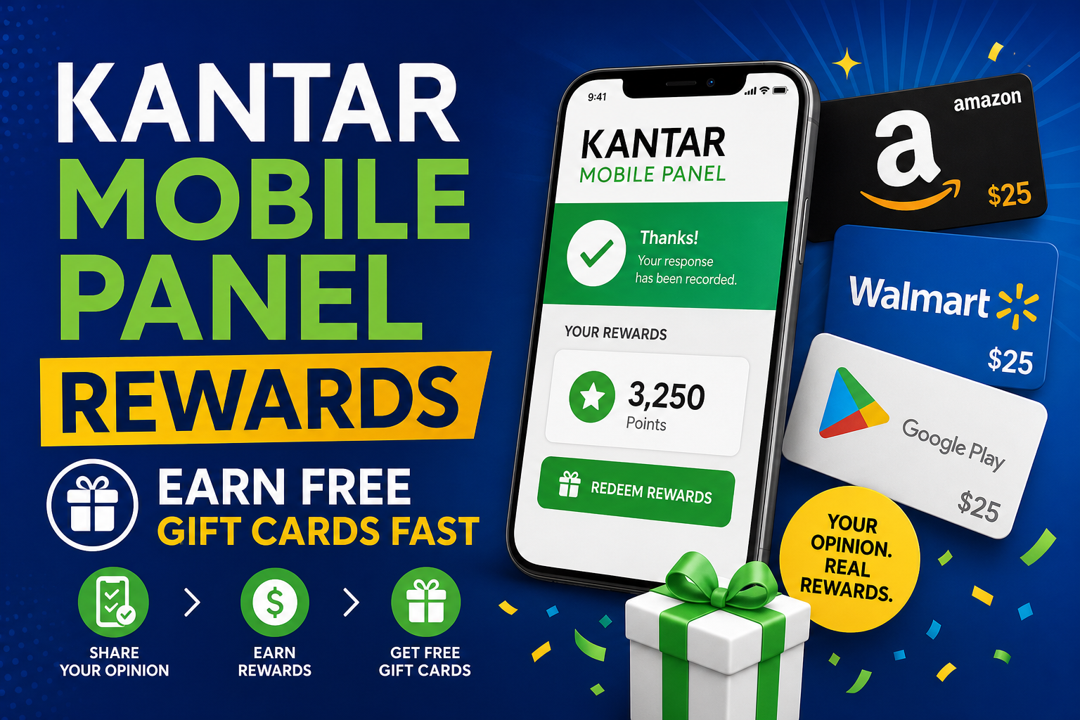 Kantar Mobile Panel app screen showing rewards, points, and free gift cards for sharing opinions