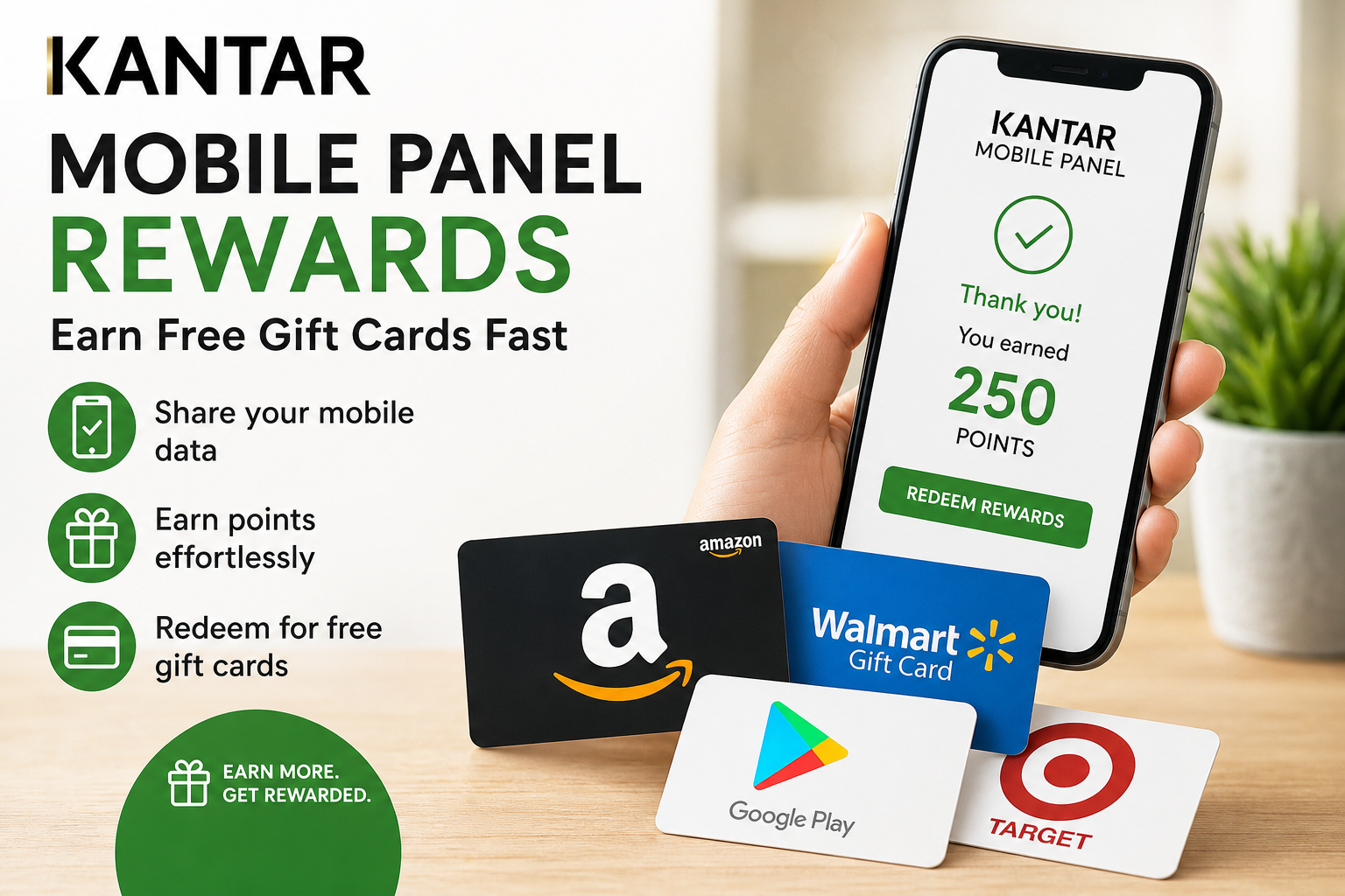 Kantar Mobile Panel Rewards graphic showing users earning points for sharing mobile data and redeeming free gift cards