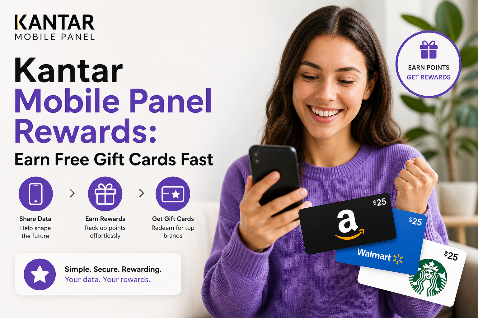 Kantar Mobile Panel Rewards screen showing points earned toward free gift cards