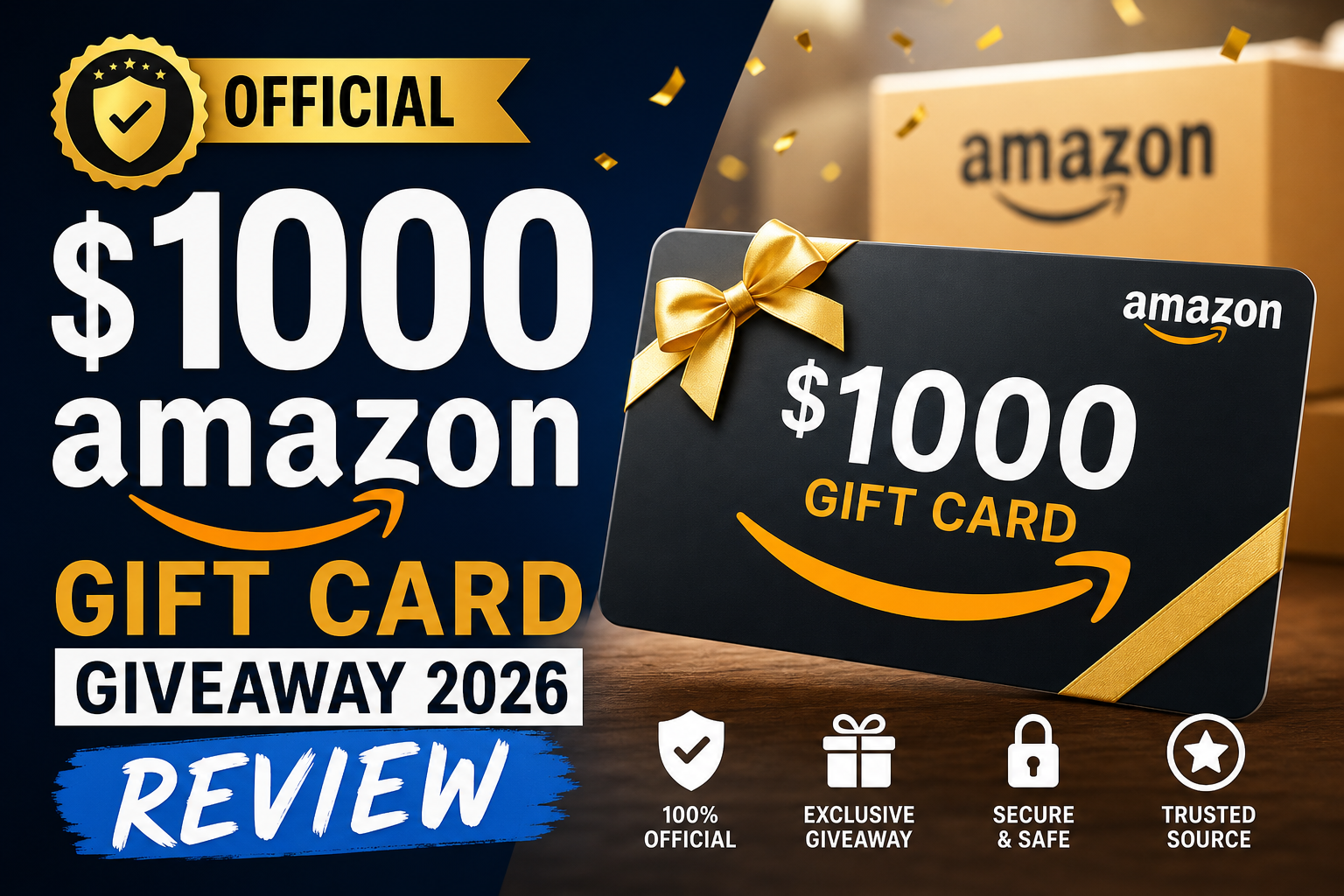 Official $1000 Amazon gift card giveaway image with secure, trusted branding and promotional text.