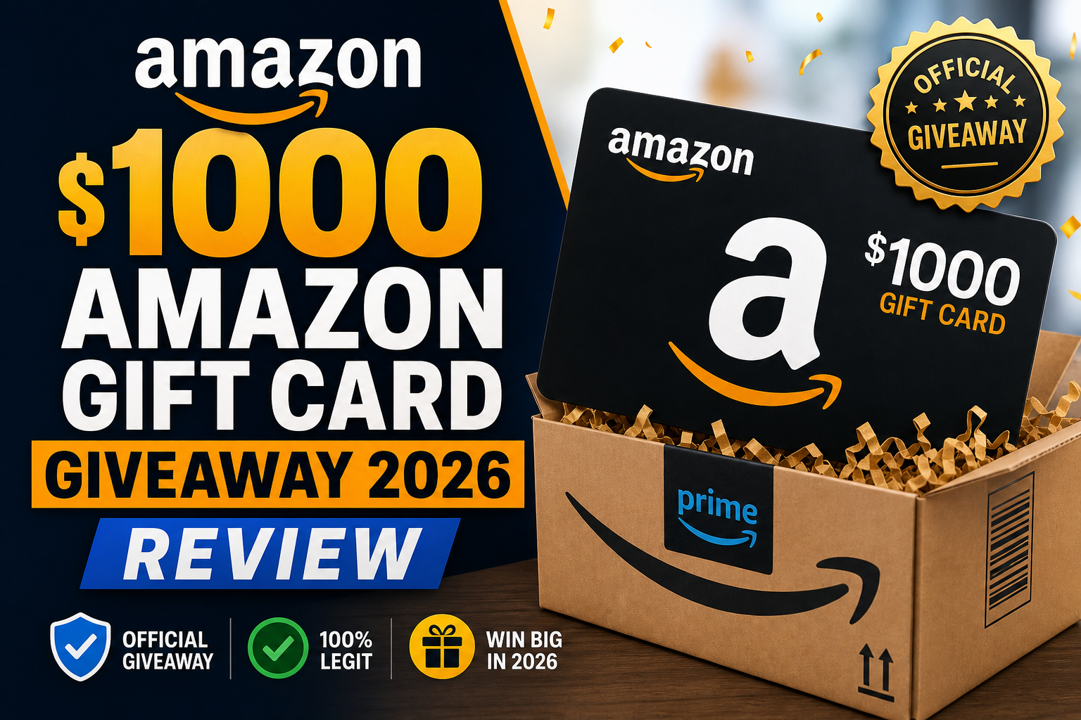 Amazon $1000 gift card giveaway promotion graphic with official review text and contest details