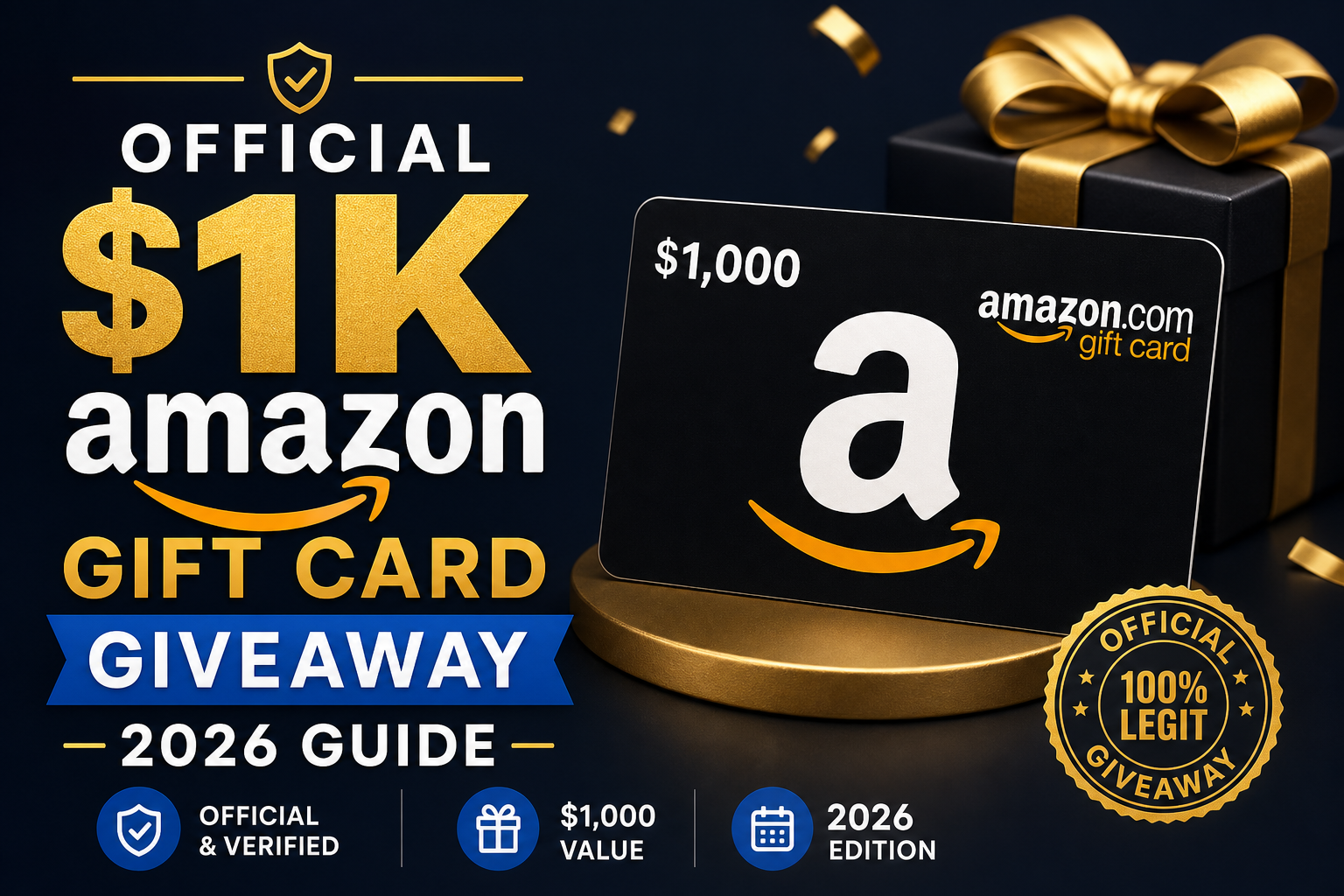 Promotional graphic for an official $1,000 Amazon gift card giveaway guide with verified legit offer text