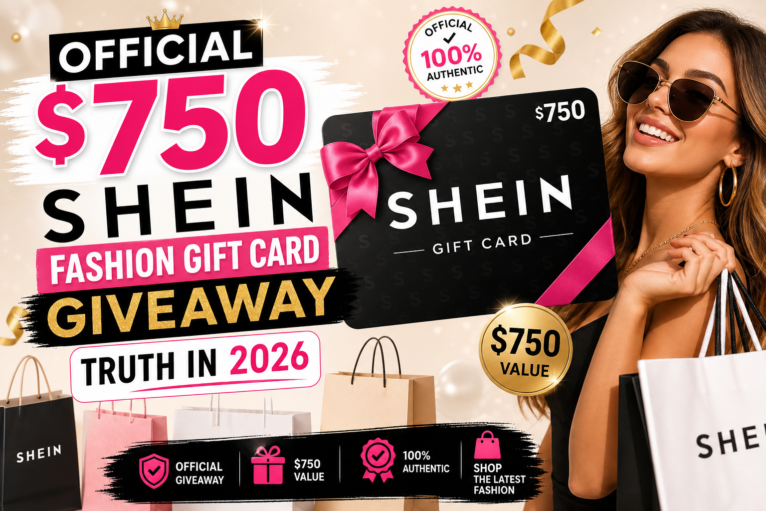 SHEIN gift card giveaway graphic advertising a $750 prize and fashion shopping authenticity