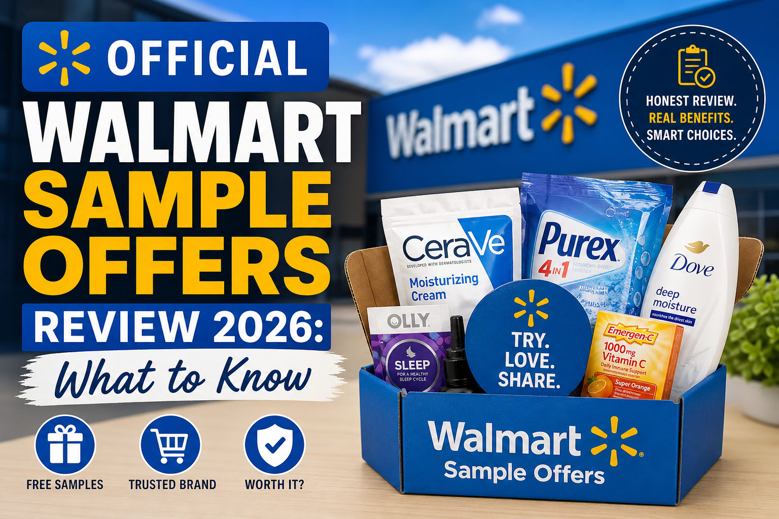 Walmart sample offers review graphic highlighting free trusted brand product samples and benefits for 2026