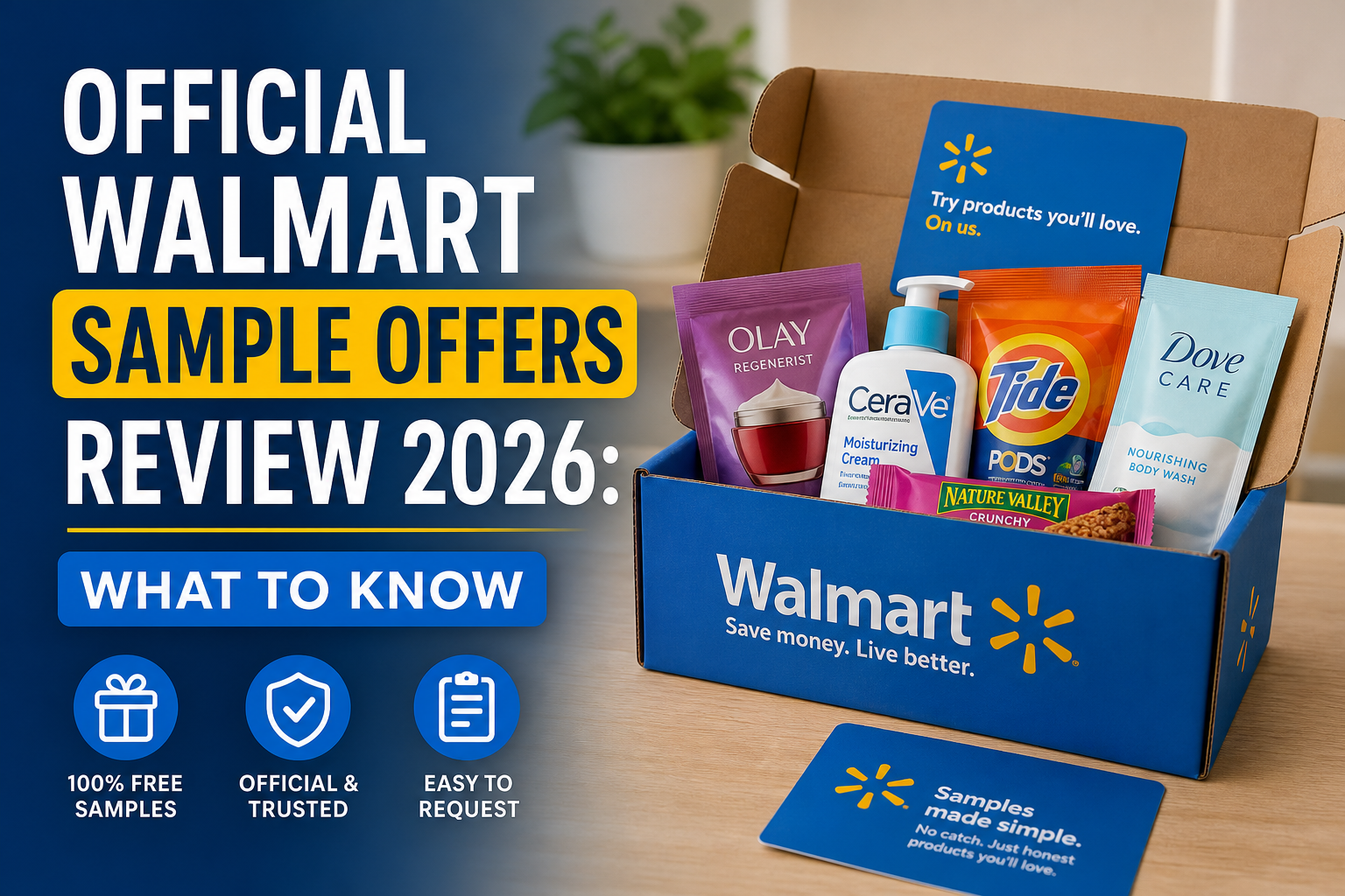 Walmart sample offers review with free product samples from Olay, CeraVe, Tide, Dove, and Nature Valley