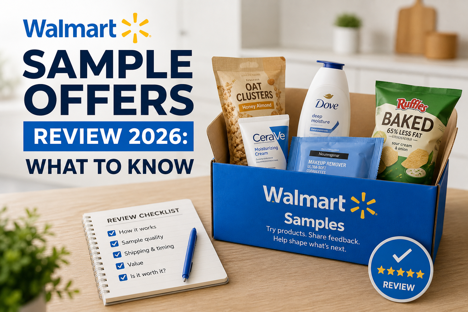 Walmart sample offers review 2026 showing snacks and skincare sample products on display