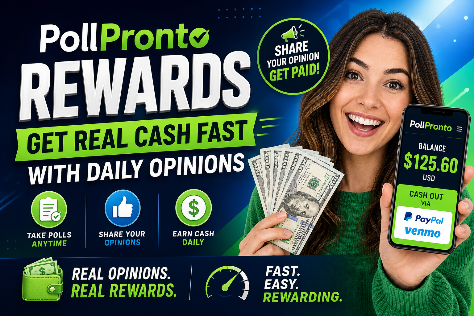 PollPronto Rewards screen offering cash for daily polls with PayPal and Venmo cash-out options