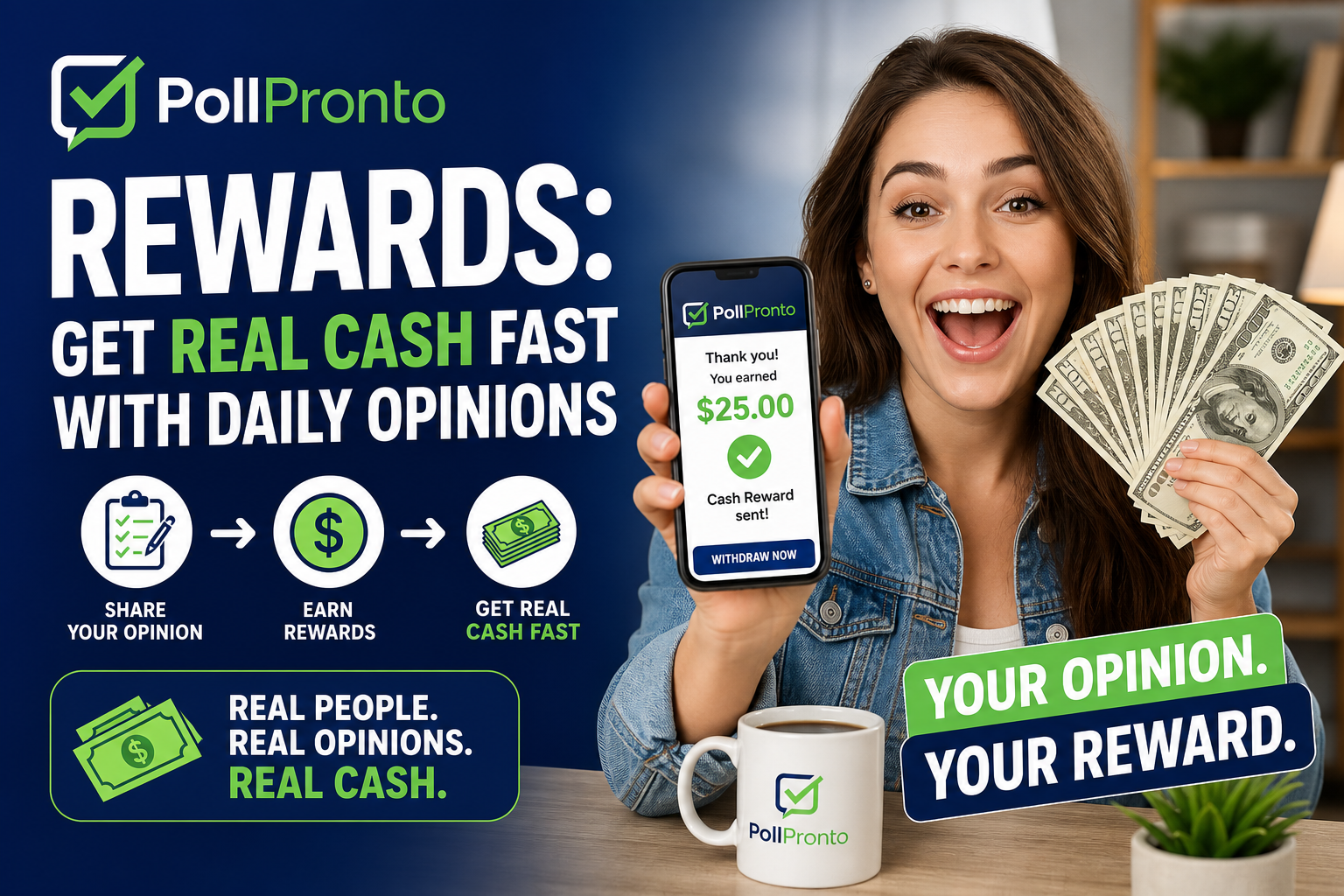 PollPronto app promo with bold text about earning real cash fast for sharing daily opinions.