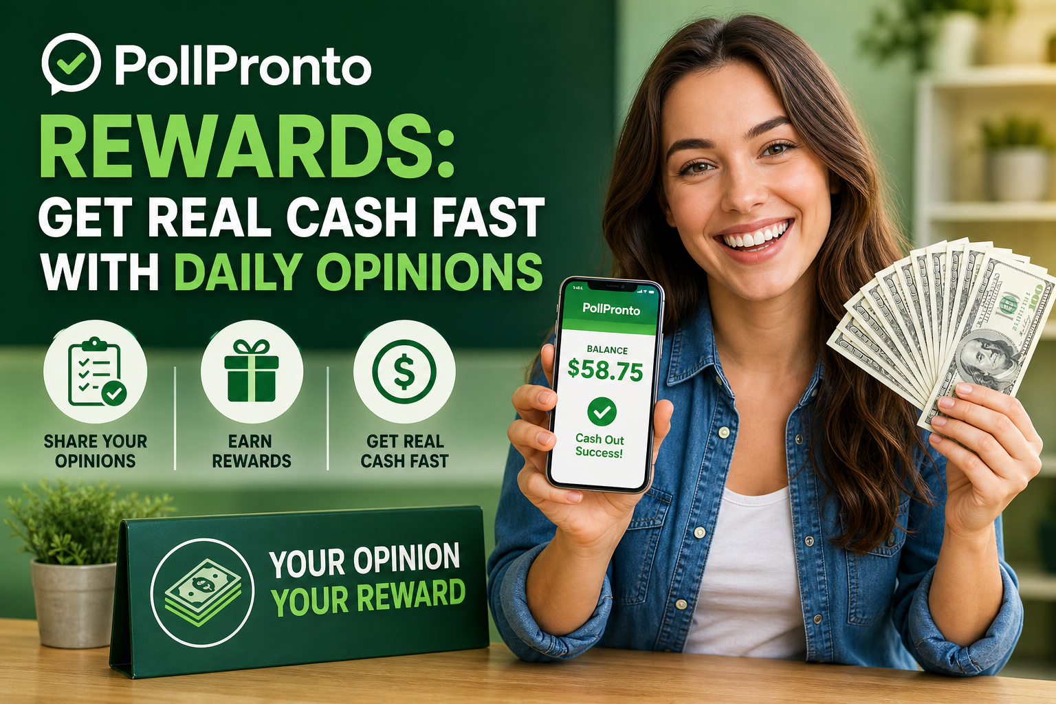 PollPronto promo graphic about earning real cash fast by sharing daily opinions