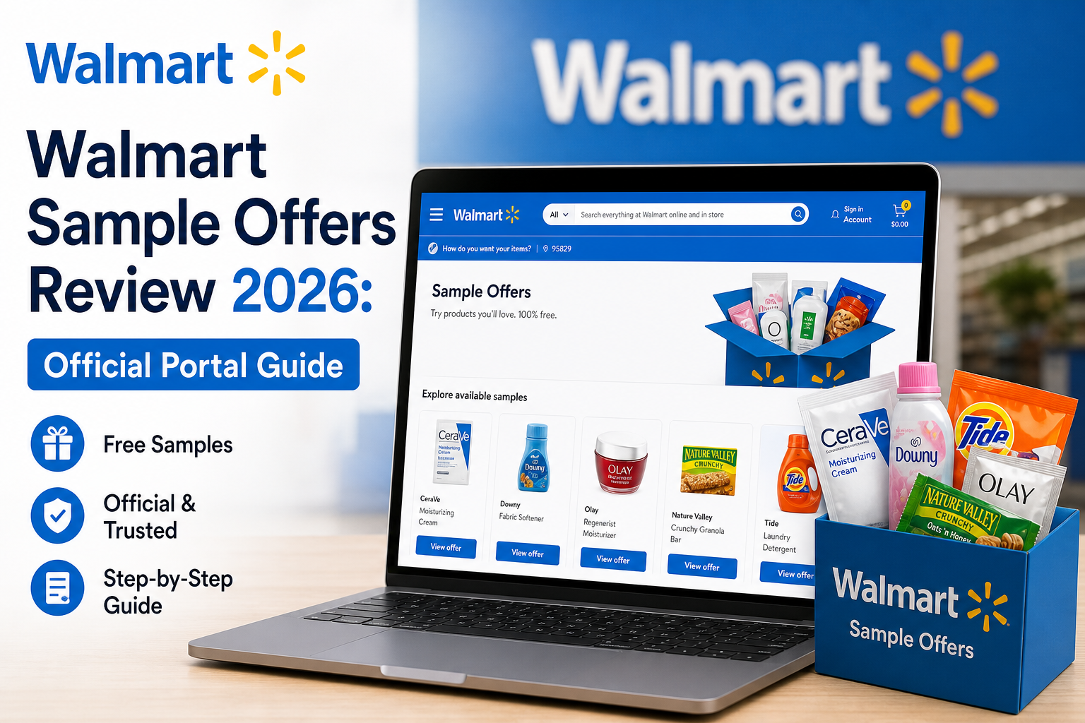 Walmart Sample Offers review graphic with free product samples and a step-by-step official guide for 2026