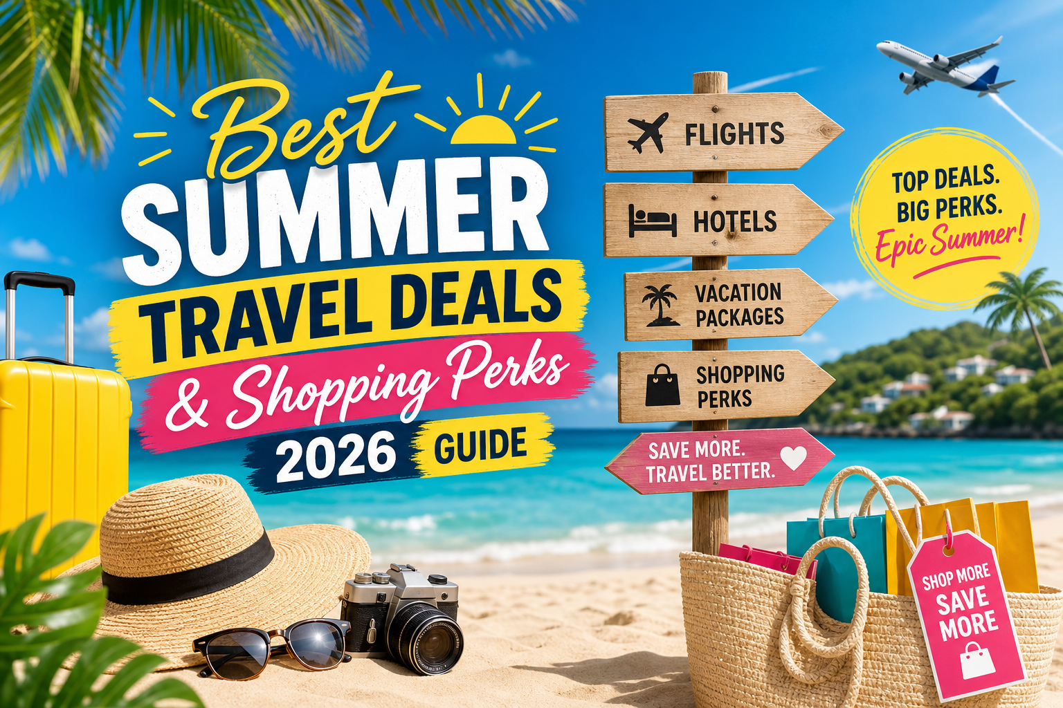 Summer travel deals 2026 with flights, hotels, vacation packages, and shopping offers on a tropical beach