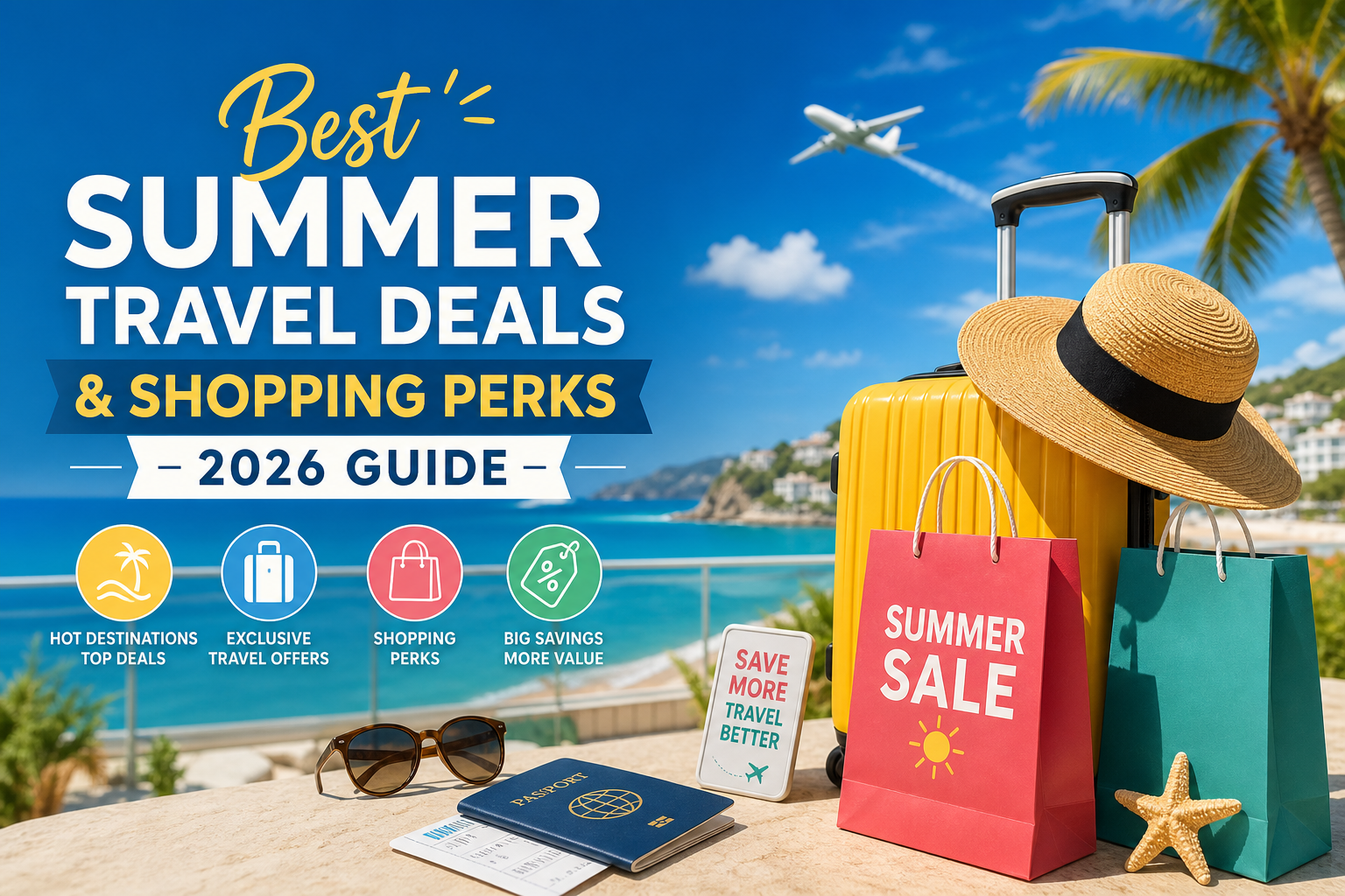 Tropical beach with vacation essentials illustrating summer travel deals and shopping perks guide 2026