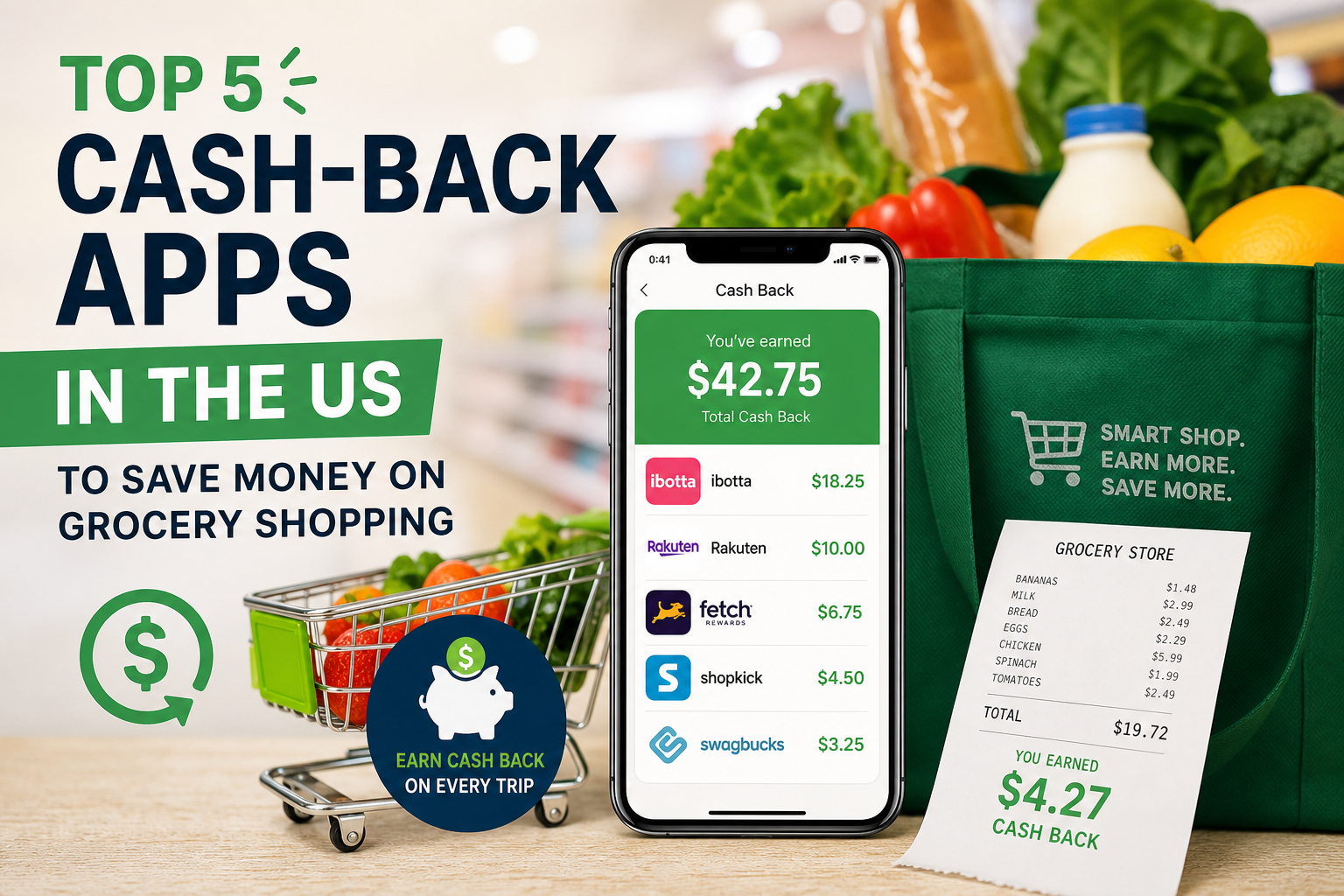 Smartphone showing cash-back app earnings beside a grocery receipt and shopping items