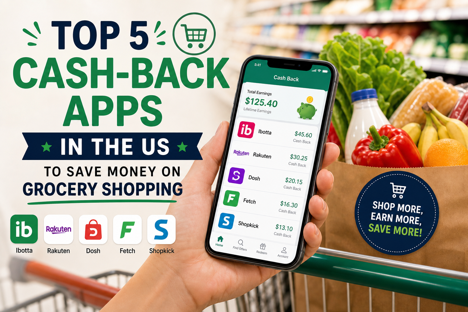 Infographic of top 5 cash-back apps for grocery shopping: Ibotta, Rakuten, Dosh, Fetch, and Shopkick.