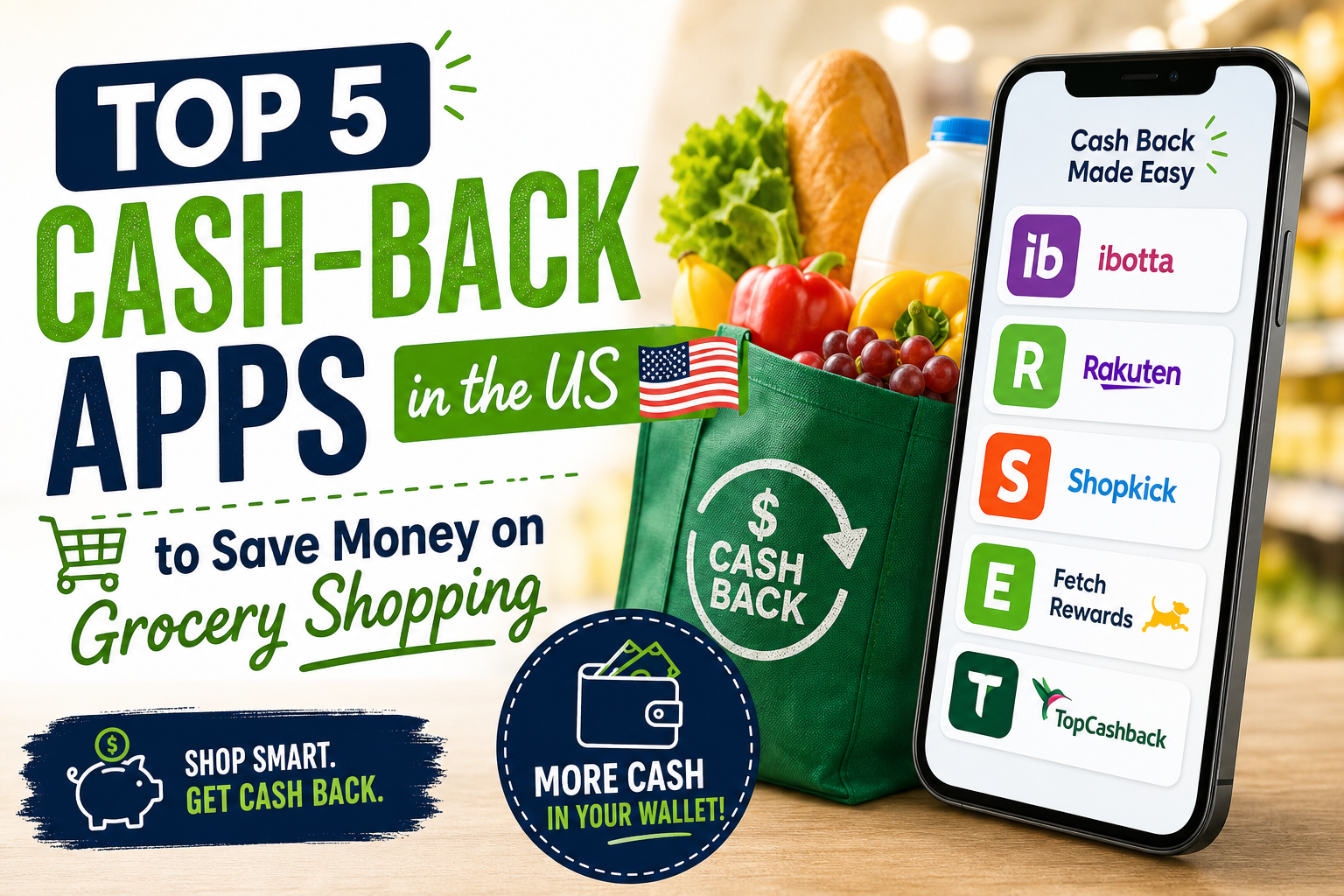 Graphic listing top 5 cash-back apps for grocery savings: Ibotta, Rakuten, Shopkick, Fetch Rewards, and TopCashback.
